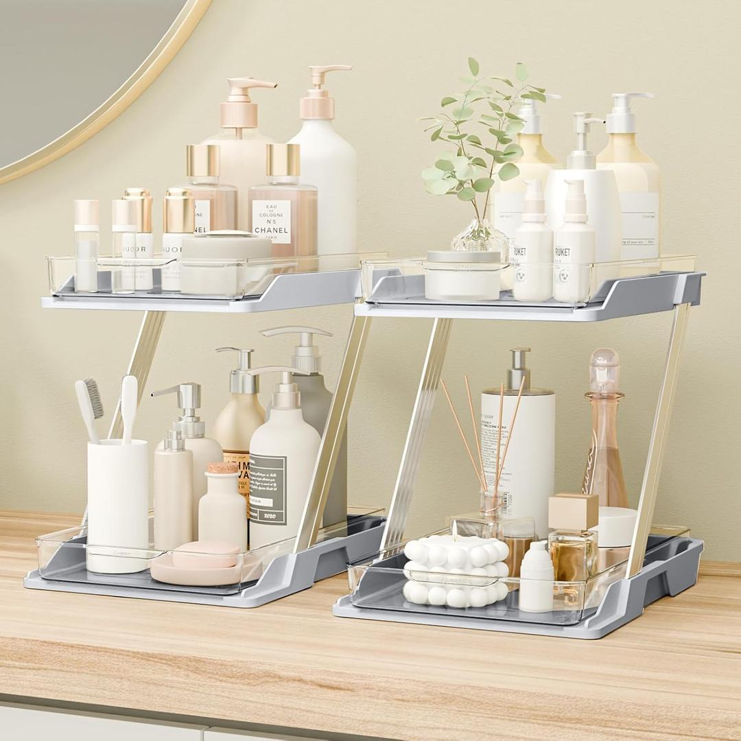 2 Pack Bathroom Organizers and Storage - Multi-Purpose,2-Tier Clear Pull Out Organization for Bathroom, Under Sink, Kitchen, Vanity, Countertop, Cabinet, Pantry & Medicine Cabinet, Grey