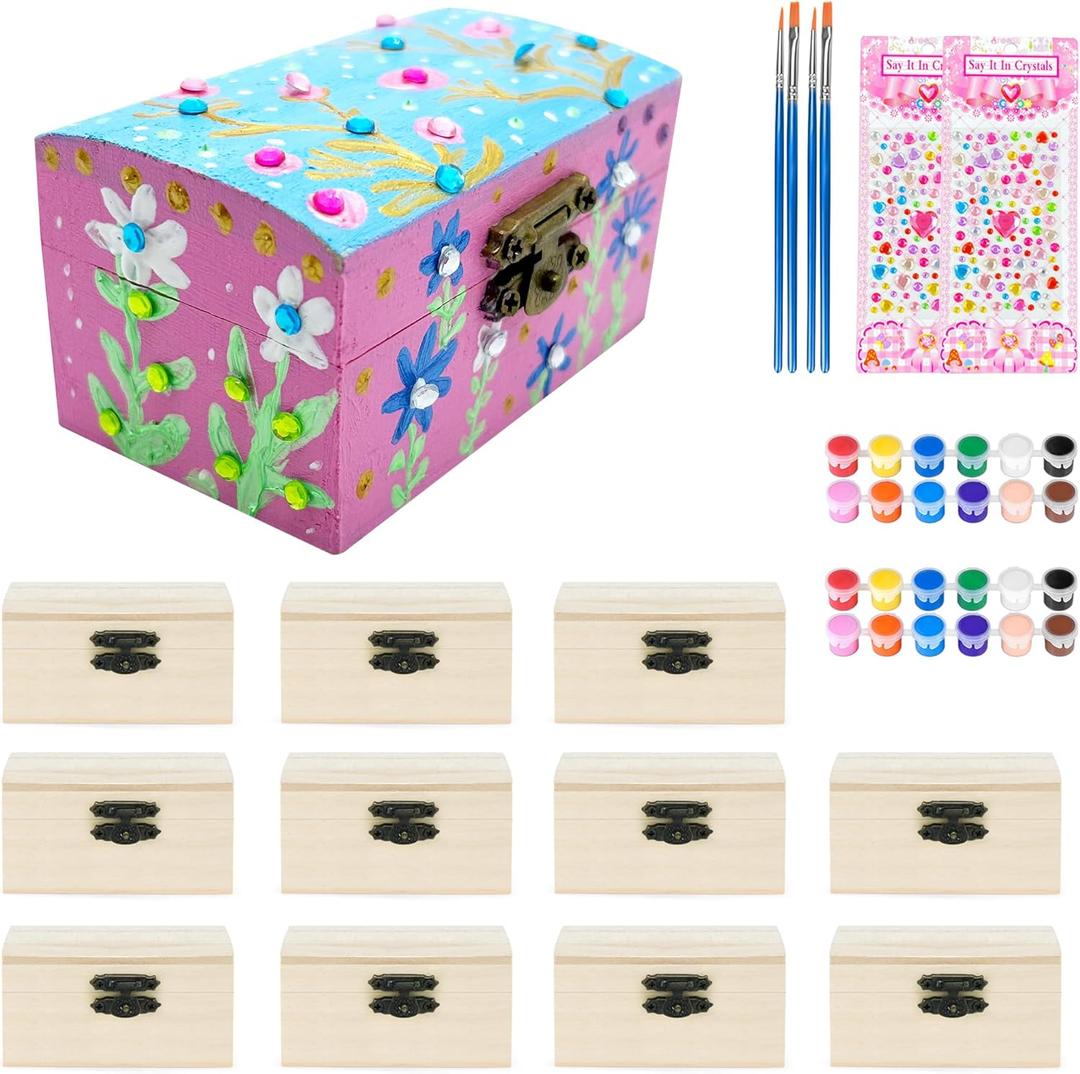 12 PCS Wooden Box,Treasure Chest with 12 Color Paints,12 PCS Unfinished Unpainted Wood Box with 2 Diy Adhesive Drilles, Small Wooden Box for Keepsake Boxes, Jewelry Box