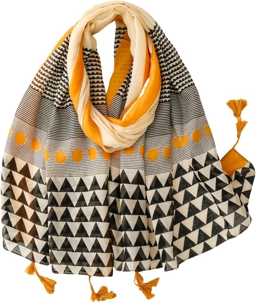 Travel Boho Scarf for Women Casual Lightweight Pashmina Scarves Fashion Multicolor Shawl Wraps with Fringed Beads,  Yellow Plaid