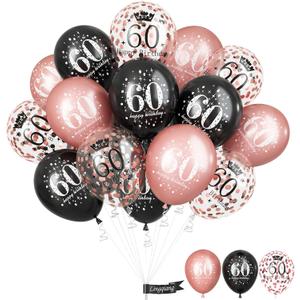 Rose Gold Black Happy 60th Birthday Balloons, 60th Birthday Decorations for Women, Black Rose Gold Confetti 60th Latex Helium Balloons for Age 60 Years Old Birthday Party Decor Celebration Supplies