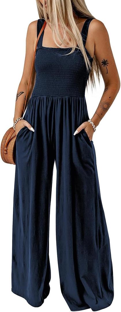 Dokotoo Women's Casual Loose Overalls Jumpsuits One Piece Sleeveless Wide Leg Long Pant Rompers With Pockets (Blue, XXL)