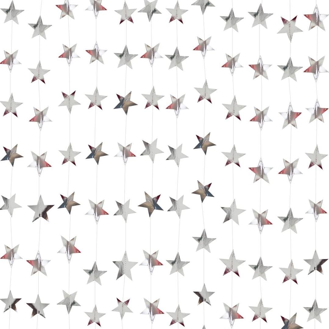 Silver Star Garland Banner Decorations - 156 Feet Bright Silver Paper Garland Hanging Decorations, Glitter Star Bunting Banner for Wedding, Birthday, Holiday, Christmas Party