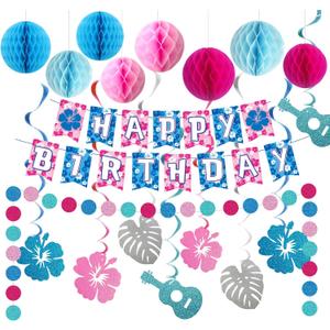 Tropical Party Decorations, Luau Themed Party Supplies, Birthday Banner, Honeycomb Balls, Summer Theme Hanging Swirls, Circle Dots Garland, Hawaiian Beach Decor for Boys and Girls