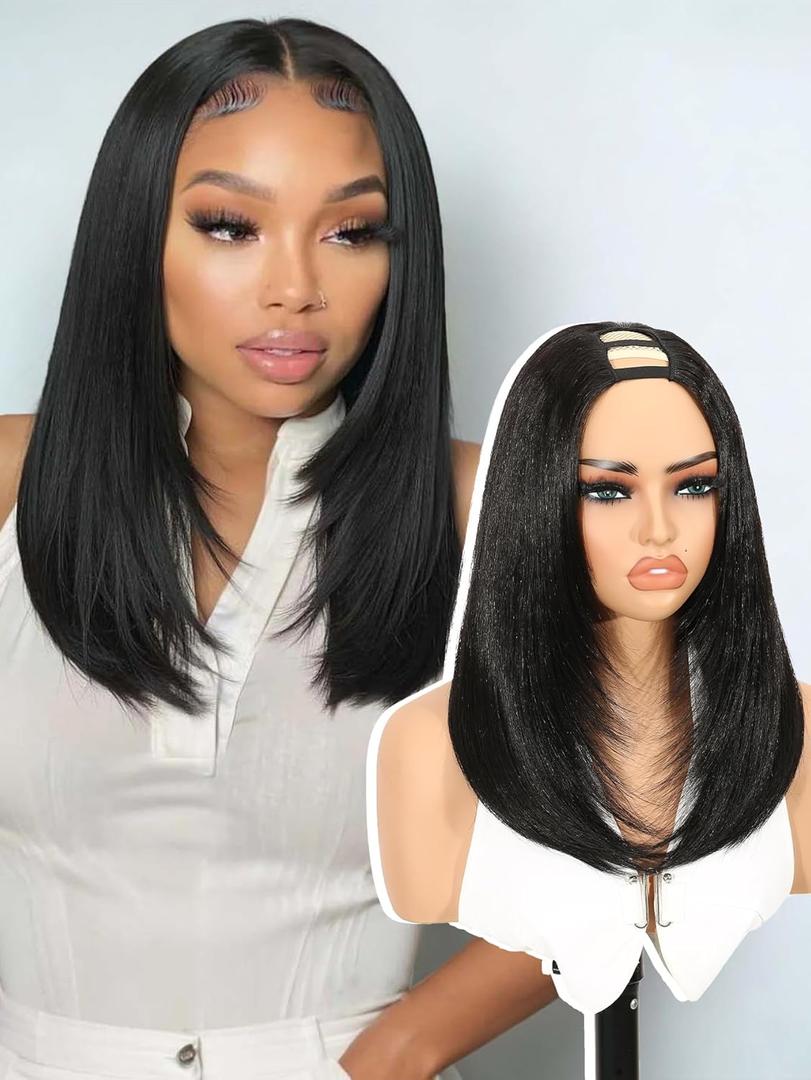 Quantum Love Yaki Straight Layered U Part Wig V Part Bob Half Wigs for Black Women Short Black Glueless Natural Looking Heat Resistant Synthetic Hair Replacement Wig (14 Inch)