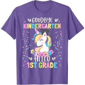 Goodbye Kindergarten Hello First Grade Unicorn Girl T-Shirt (Small, Purple Heather)