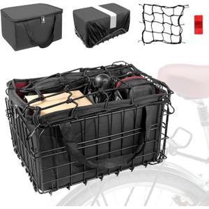 Riian Bike Basket Front/Rear, Thickened Shockproof Foldable Bicycle Basket with Waterproof Bag, Quick Release Design, Metal Bicycle Frame Basket for Adult Women Men