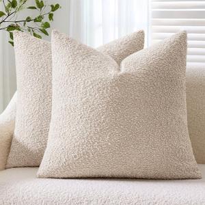 ANRODUO Pack of 2 Textured Boucle Throw Pillow Covers Soft Beige Euro Decorative Accent Solid Pillow Cases Cozy Modern Couch Cushion Case for Chair Sofa Bedroom Living Room Home Decor, 22 x 22 Inch
