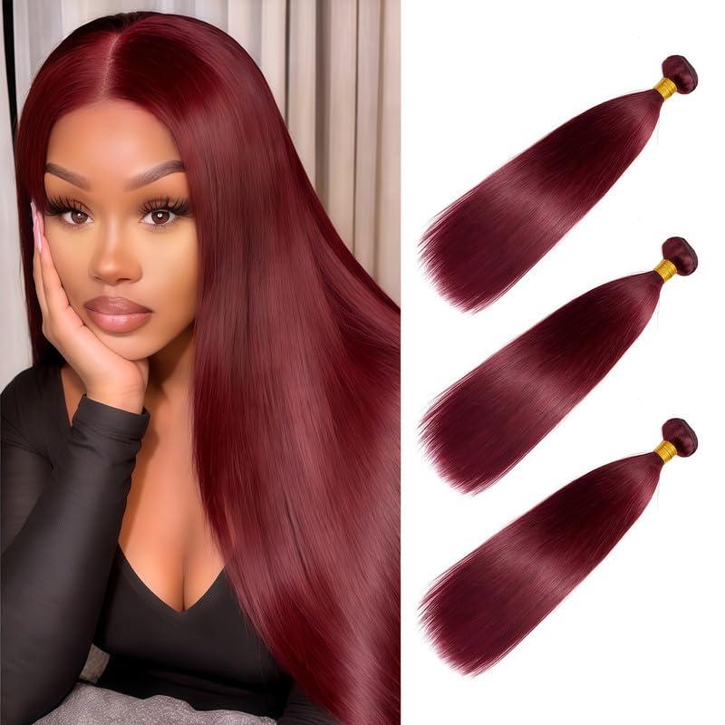 Burgundy Bundles Human Hair 3 Bundle 20 22 24 Inch Straight Bundles Double Weft Brazilian Virgin Wine Red Human Hair Weave for Black Woman #99J Color