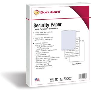 DocuGard Advanced Blue Multi-Purpose Security Paper - Fraud Prevention - 7 Security Features - Laser & Inkjet Printer Compatible - 8.5" x 11 - 24 lb - 500 Sheets (04546)
