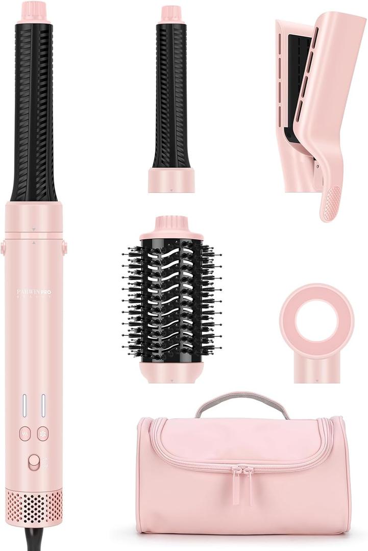 MaxAIR 2.0 Dual Voltage Hair Dryer Brush Travel 5-in-1 Hot Air Hair Styler with Auto Wrap Curlers, Air Straightener Adds Shine, Smooth, Curl & Volume for Salon Blowout, Ionic Frizz Control, Pink