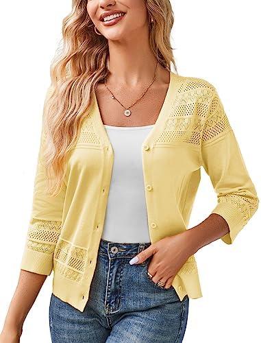GRACE KARIN Women's 2025 Cropped Cardigan 3/4 Sleeve Lightweight Crochet Shrug Hollowed-Out Knit Sweater Tops , size Small