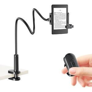 Locthal Kindle Holder with Page Turner Ring, Tablet Holder for Reading Acessories in Bed with Slient Remote Clicker, eReader Stand Compatible with Fire iPad iPhone (Black)