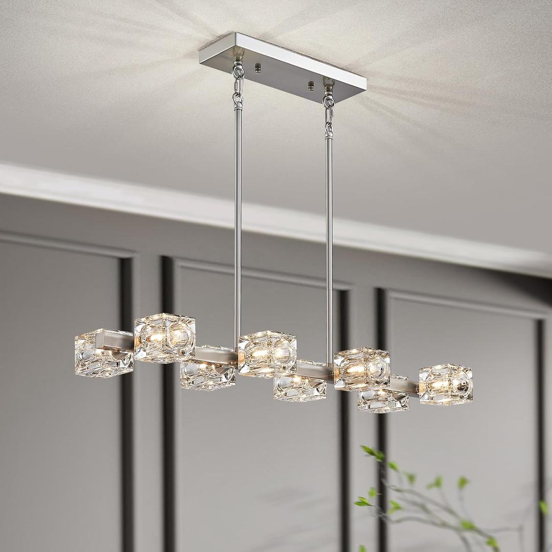 XINGQI Chandeliers for Dining Room 8-Lights Over Table, Brushed Nickel Kitchen Island Light Fixture Modern Chandelier with Glass Lampshade Sputnik Chandeliers for Living Room