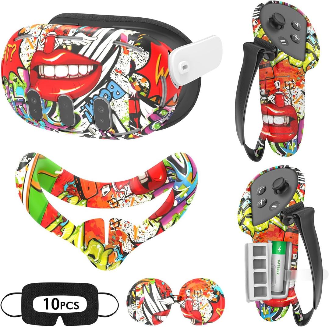 Tyasoleil VR Silicone Case for Meta Quest 3, Design Upgraded Accessories for Oculus Quest 3, Face Cover, Controller Grips, Shell Cover, Lens Cover, Disposable Eye Cover (Street Graffiti)