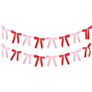 2pcs Pink & Red Bow Garland Banner, Bow Satin Ribbon Decorations for Christmas Valentine Holiday Birthday and Bridal Shower Party Decor (Red & Pink)