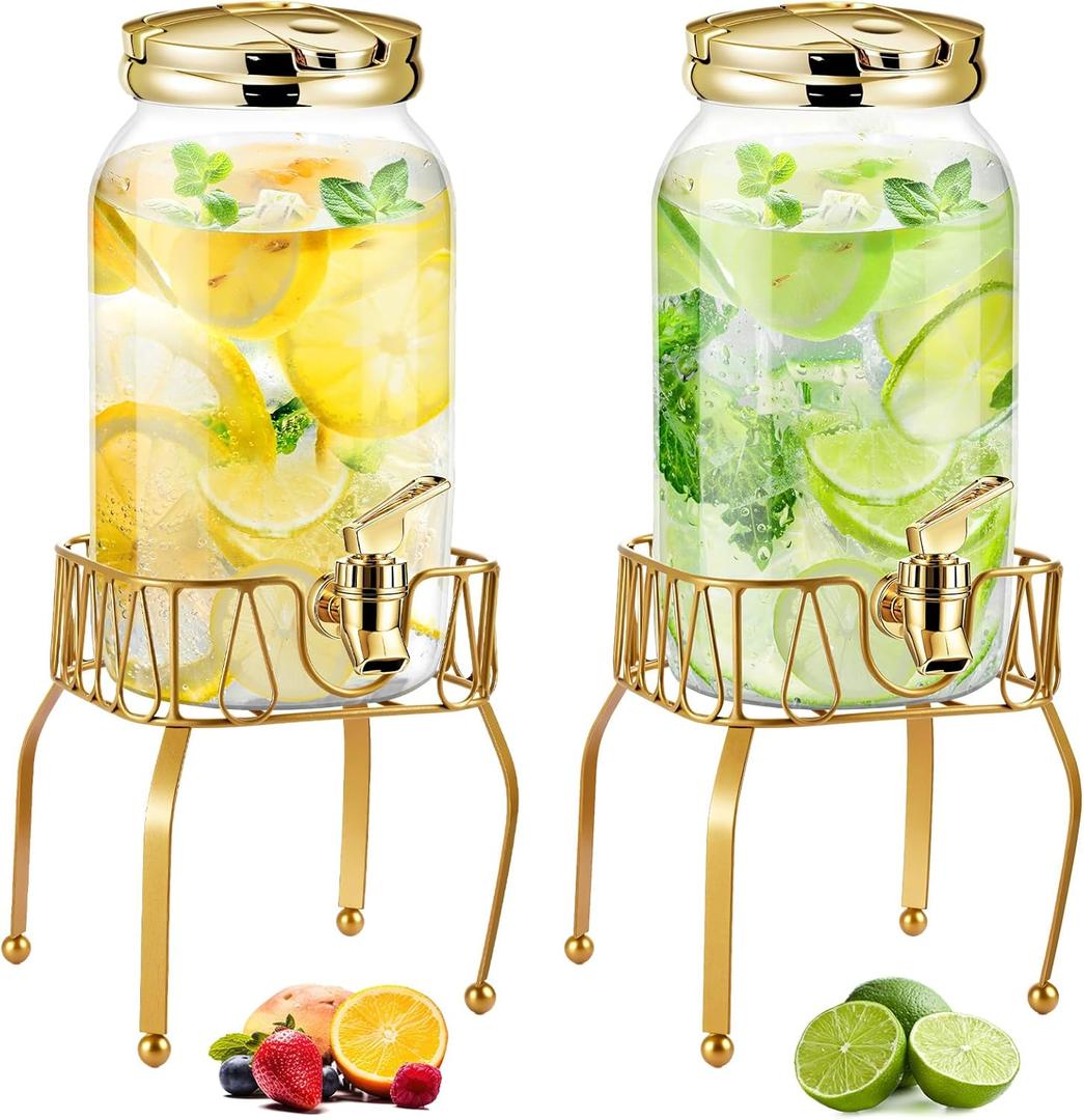 Tanlade 2 Pcs Plastic Drink Dispenser with Stand Beverage Dispenser with Sturdy Metal Base Juice Jar for Parties Lemonade Jar Spigot for Weddings Countertop Water, Each 1 Gallon (Gold)