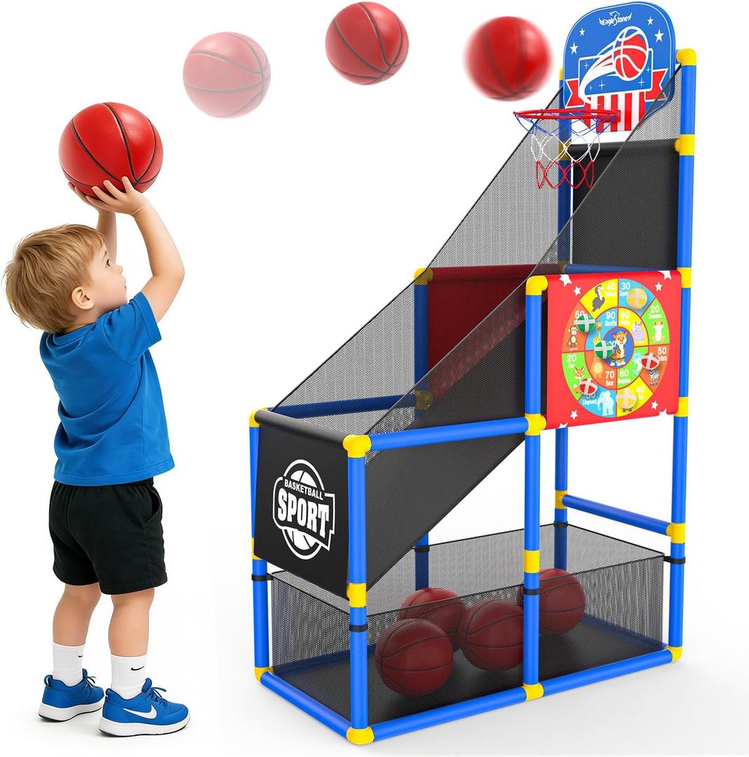 EagleStone 2-in-1 Kids Arcade Basketball Hoop with Dart Board,4 Balls Adjustable Height Basketball Toy Indoor Outdoor Carnival Games Gift for Boys Girls Toddlers Ages 3-6 Years Old,Pump Included (Red)