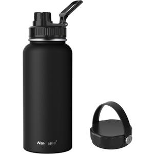 Navigate 32 oz Insulated Stainless Steel Sports Water Bottle with Spout & Handle Lids,Wide Mouth Water Jug with Double Walled Leak Proof Keep Cold for 24 Hrs Hot for 12 Hrs,Black