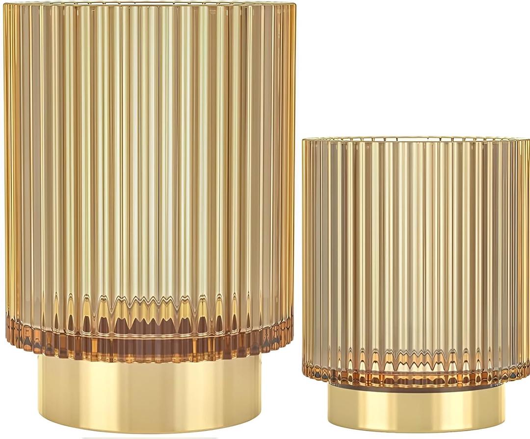 Makeup Brush Holder Organizer, Heavy Crystal Glass Brush Storage Holder, Vintage Cosmetic Make Up Bathroom Brushes Cup Pen Pencil Toothbrush Holder Striped Vase (S+L (amber))