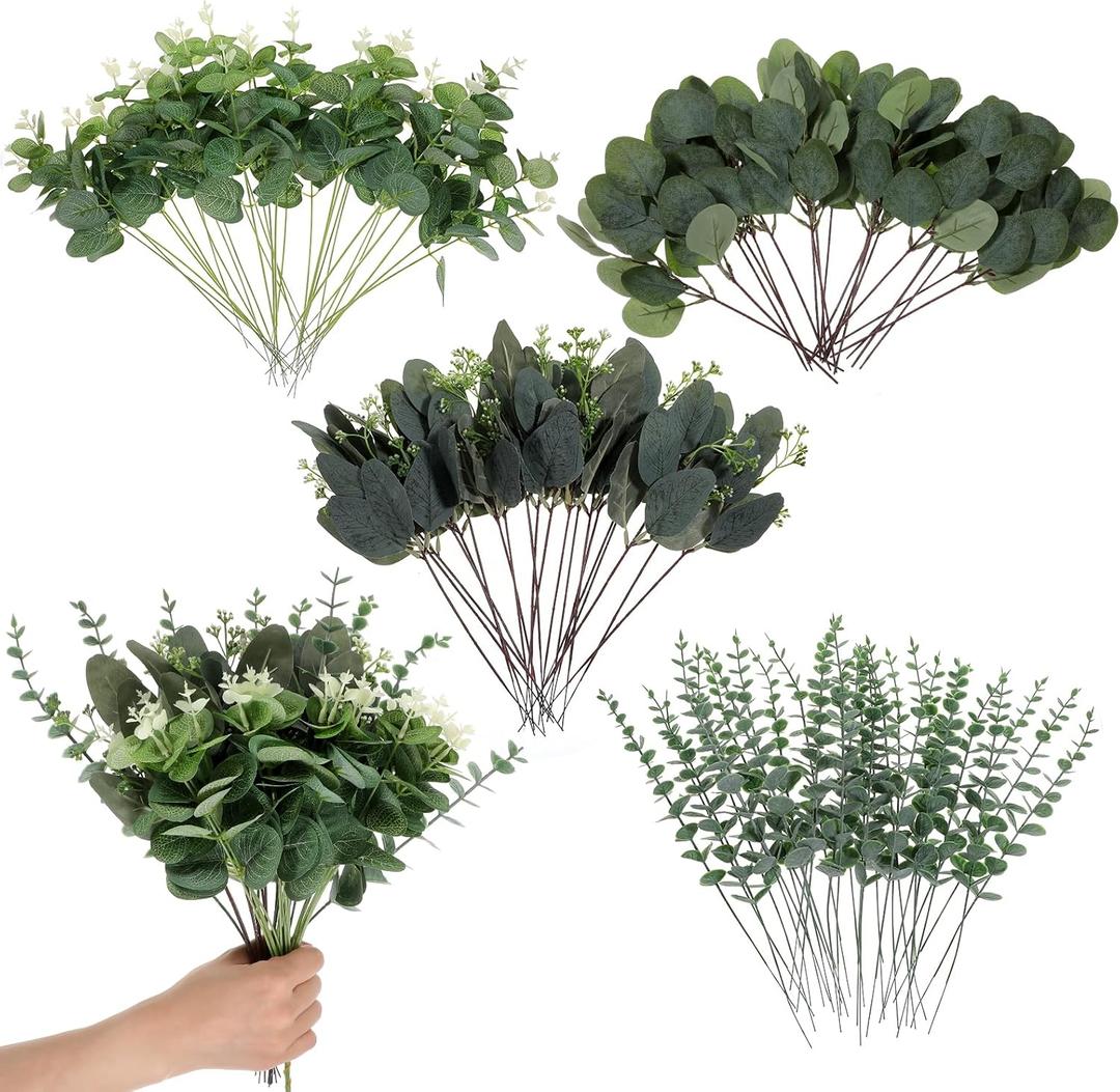 100pcs 4 Kinds Mixed Faux Eucalyptus Stems, Bulk Silver Dollar Artificial Eucalyptus Stems Green Faux Greenery Stems for Wedding Vase Bouquets Floral Arrangements