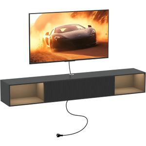 55" Floating TV Stand with LED Light, Floating TV Stand Wall Mounted, Floating Entertainment Center with Storage Long for Bedroom, Wood Floating TV Shelf for Living Room (Black)