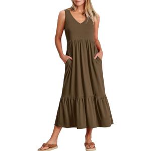 ANRABESS Womens Summer Maxi Dresses Fit & Flare Flowy V Neck Sleeveless Swing Casual Tiered Beach Sundress with Pockets (Large, Coffee)