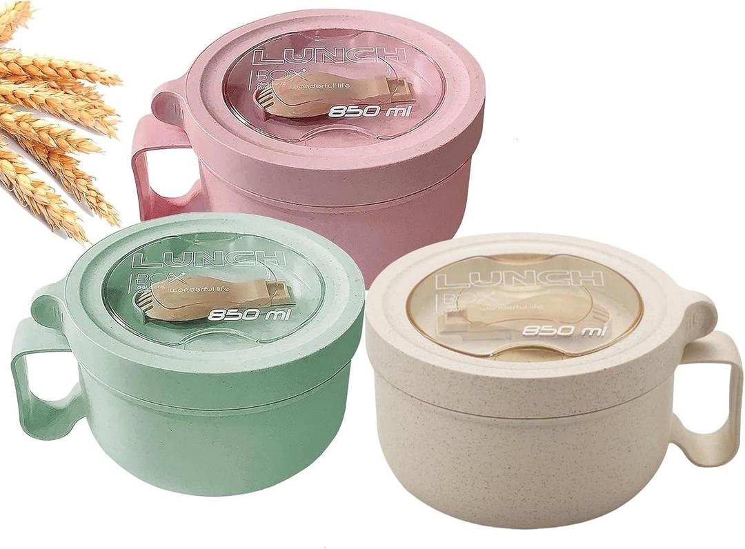 Rarapop 3 Pack Microwave Soup Bowl Containers with Lids, 28.7oz Wheat Straw Ramen Noodles Cup Mug for Instant Noodles,Oatmeal, Gumbo, Salad,Crunch,Cereal & More, Easy-Grip Design(Beige, Pink, Green)