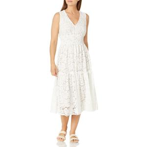 Taylor Women's Petite Sleeveless V-Neck Smocked Waist Floral Midi Lace Dress (8-9 Petite)