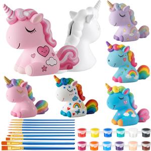 Chunful 6 Sets Unicorn DIY Ceramic Piggy Bank for Kids Painting Kit with 6 Coin Banks 12 Paint Colors 10 Brushes Creative DIY Craft Kit Christmas Birthday Gifts for Boys Girls