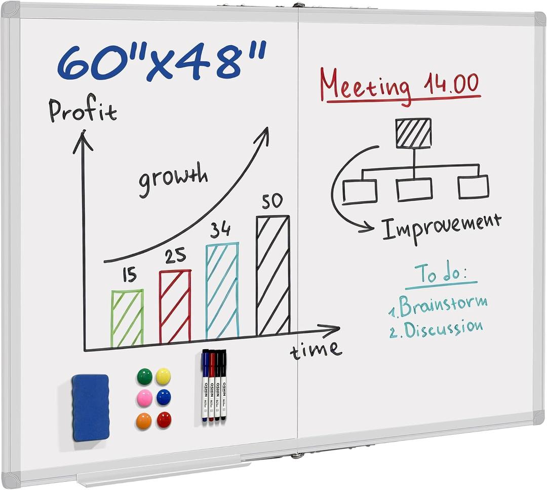 Dry Erase White Board 60 X 48 Inch, Wall-Mounted Silver Aluminum Frame Marker Presentation Board, 5' X 4' Foldable Portable Whiteboard with Pen Tray for School, Classroom, Office & Home
