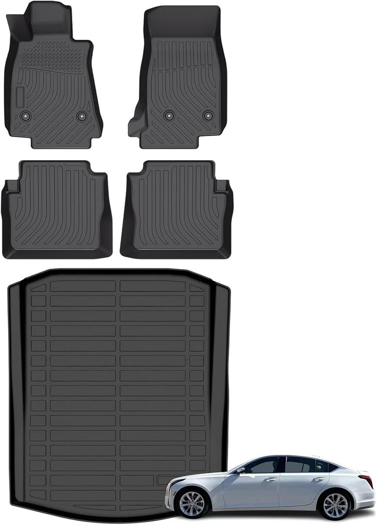 AZYT Floor Mats & Cargo Liner Set for 2020-2026 Cadillac CT5 All Weather Automotive TPE Floor Liners Set Anti-Slip Waterproof Accessories - Black