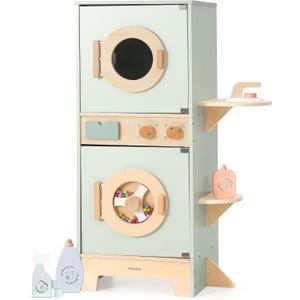 Wooden Washer-Dryer Playset for Kids  2-in-1 Laundry Center Toy, Dual-Opening Doors, Spinning Drum & Click-Knobs, Basket + Iron Accessories  Montessori Pretend Play Gift Ages 3-6
