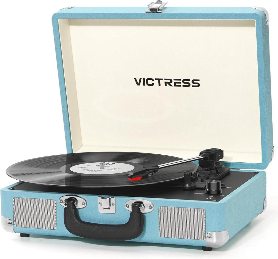 Vinyl Record Player, Portable Suitcase Turntable With PC Recording & Bluetooth Input/Output, 3-Speed LP Player, Built-in Stereo Speakers, RCA, AUX, Headphone Jack, Blue