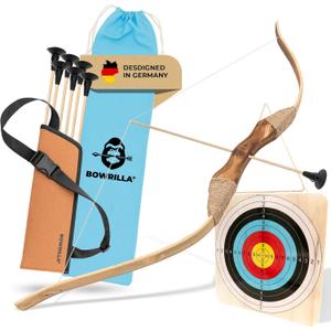 BOWRILLA Kids Bow and Arrow Set - Bow and Arrow for Kids Ages 4-8, Toy Archery Set with 6 Suction Cup Arrows, Wooden Target & Quiver