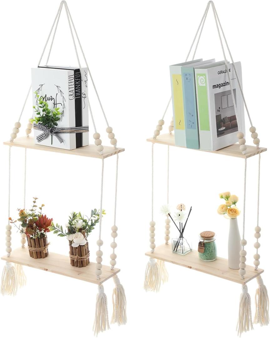 Chunful 2 Pack Macrame Wall Hanging Shelf 2-Tier Boho Wooden Display Floating Shelf Wooden Rustic Plant Rope Hanger Rack with Beads and Tassel for Wall Decor Bedroom Dorm Nursery Living Room Bathroom