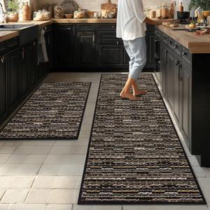 Kitchen Rugs Sets of 2-Non Slip Kitchen Mats for Floor-Thick Stain Resistant Vintage Kitchen Floor Mat Runner Carpet for Hallways Entryway Laundry Room WashableBlack 22"x59"+20"x32"