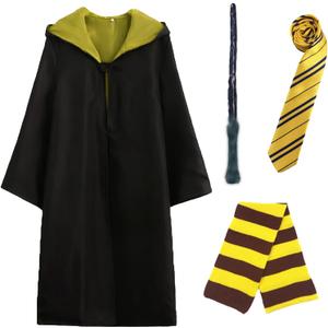 Kitimi Wizard Costume Cosplay Set, Wizard Cloak Robe for Adults Teens, Wizarding Halloween Costume Accessories for Party (X-Large, Yellow)
