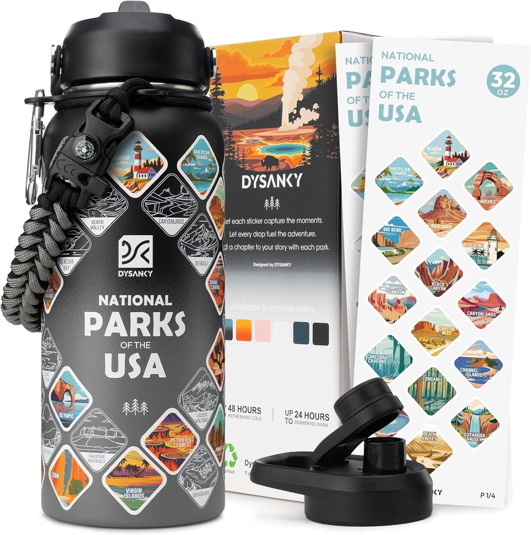 National Parks Water Bottle  32 oz Insulated Stainless Steel Water Jug with 63 Park Stickers, Outdoor Accessories & Gift Box  BPA-Free  Ideal for Hiking, Camping & Travel (Black/Gray)