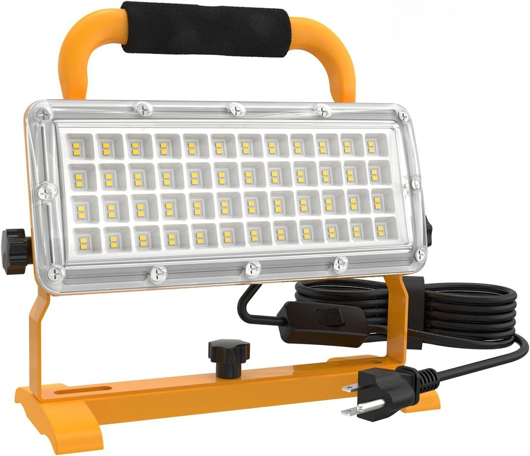 LED Work Light 6500LM 85-277v, 500W Equivalent Flood Light with 10FT Cord Switch, 5000K Work Lights with Stand, Portable LED Lights IP67 Waterproof for Job, Workshop, Construction