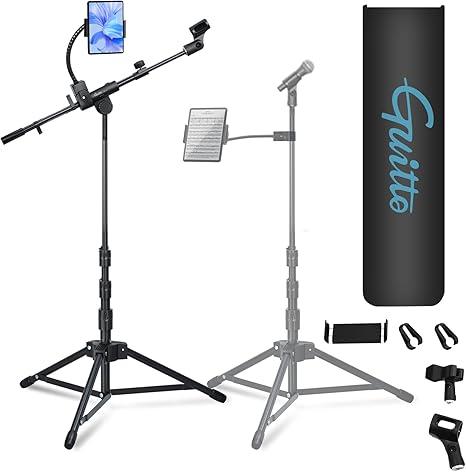 GUITTO Microphone Floor Stand with Phone/Tablet Holder, Adjustable Boom Mic Stand with Heavy-Duty Base, Dual Device Mount for Streaming, Podcasting, Recording, and Live Performances GMS-04