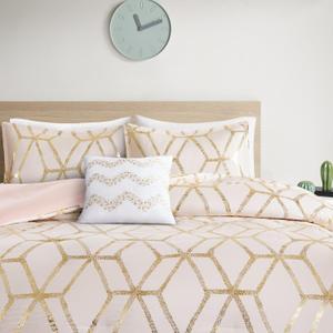 Comfort Spaces Vivian Comforter Set Ultra Soft All Season Lightweight Modern Geometric Glam Metallic Print Bedding, Matching Sham, Decorative Pillow, Full/Queen, Geometric Blush/Gold