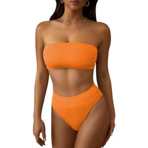 Pink Queen Women's Ribbed High Waisted Bikini Set Removable Strap Bandeau Swimsuit (Orange, XL)