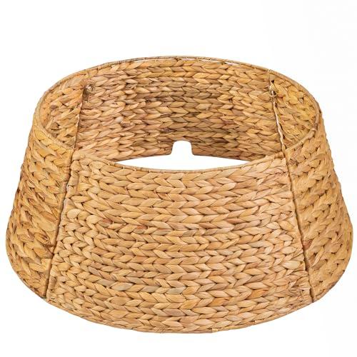KOLWOVEN 28in Christmas Tree Collar Large to Small Christmas Tree, Woven Christmas Tree Ring Adjustable Skirt, Christmas Tree Skirt for Decoration, Base Protection from Pets (Water Hyacinth)