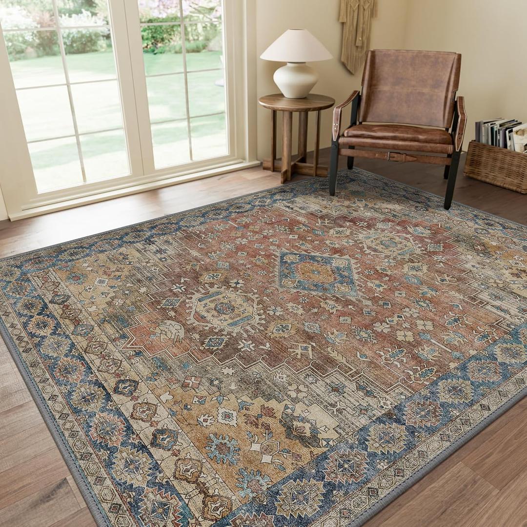 GENIMO 8x10 Area Rugs for Living Room, Machine Washable Non Slip Vintage Rugs, Low Pile Lightweight Chenille Print Rug for Bedroom, Dining Room, Home Office, Antique Red