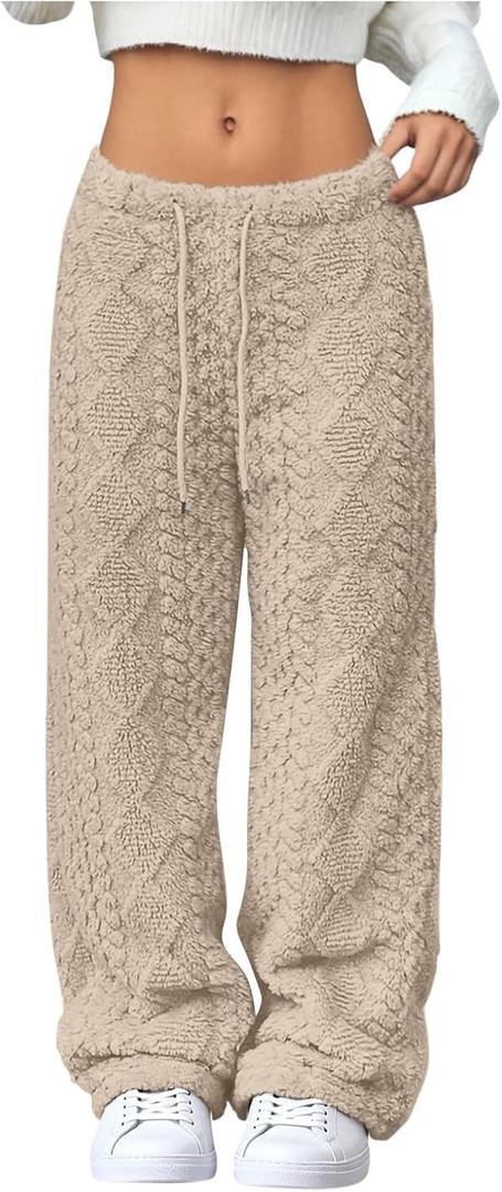 Women's Fuzzy Plush Pajama Pants Fleece Lined Drawstring Elastic Waist Wide Leg Teddy Pj Bottoms Lounge Sweatants (Medium, Beige)
