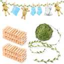 Leinuosen 101 Pcs 1.35 Inch Mini Clothespins with Leaf Ribbon for Photo, Artificial Vines Leaves Line and Wood Picture Clips Craft for Wild Jungle Baby Shower Birthday Party Decor (265 ft, Green)