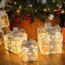 SANHSEHOME Set of 3 Christmas Lighted Gift Boxes, Plug-in 140 LED Light Up Present Boxes for Christmas Decorations Indoor Home Porch Wedding Holiday Birthday Party (Silver Bow)