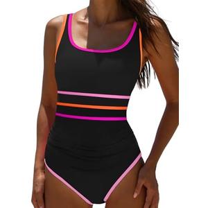 popvil One Piece Swimsuit Tummy Control Womens Bathing Suits Modest Curvy Neon Sexy Sport Swimwear, XL