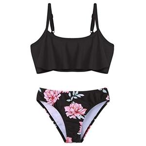 Arshiner Girls Swimsuit Two Pieces Bikini Set Ruffle Bathing Suits Flounced Tankini Swimwear Black Floral Print Size 11-12
