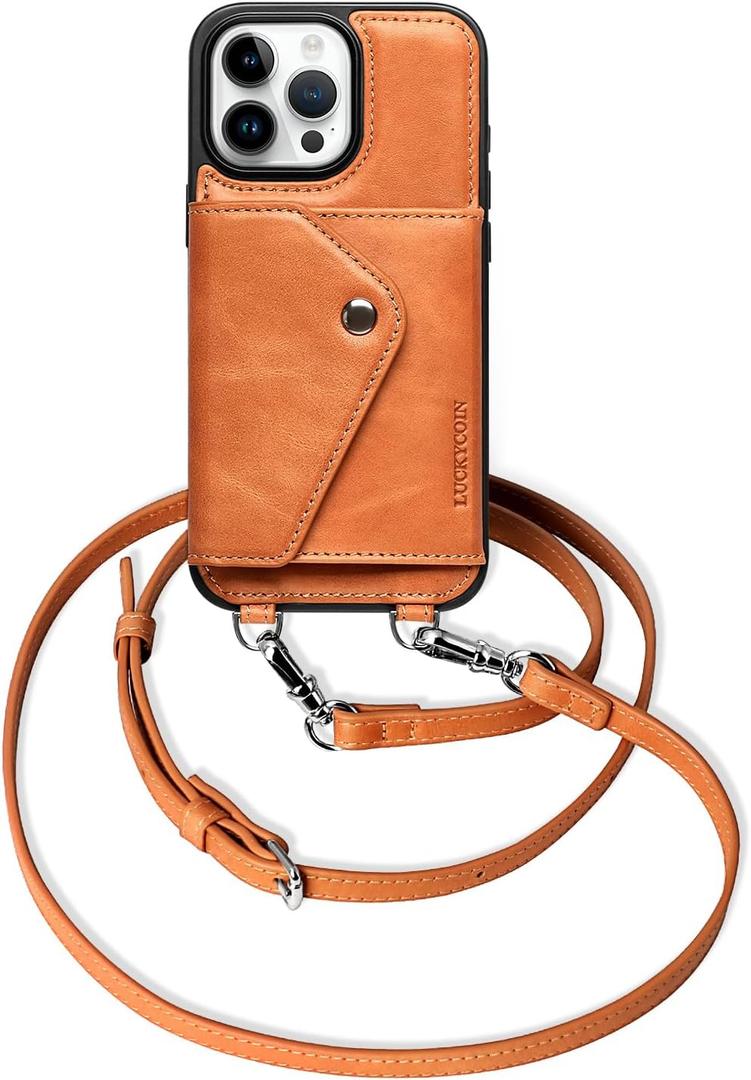 LUCKYCOIN 100% Genuine Leather Crossbody Wallet Phone Case for iPhone 16 Pro Max, Shockproof Phone Purse with Adjustable Lanyard Strap & Card Holder, Crossbody Purses for Women, Vintage Brown